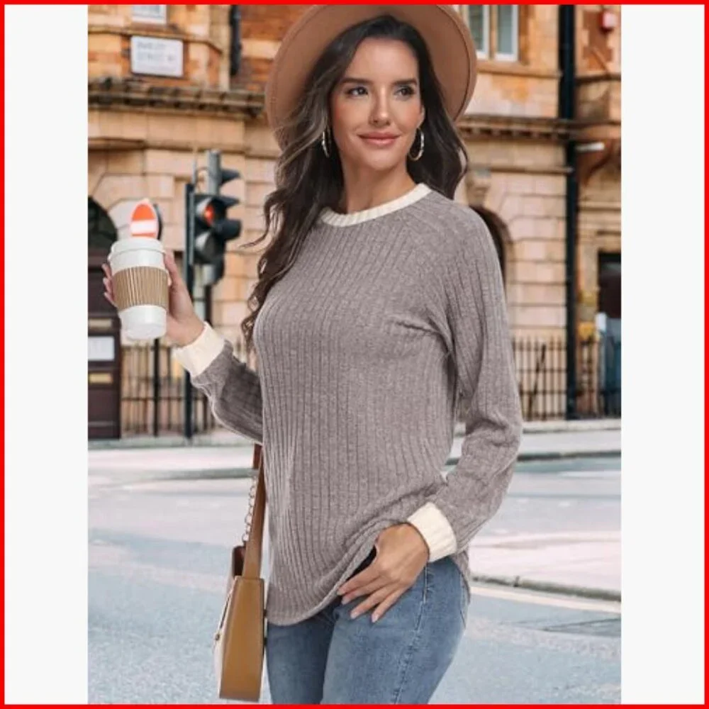 Long Sleeve Tunic Top Lightweight Loose Fit Color Block Casual Sweater